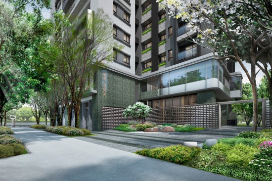 『新業(yè)京御苑』26層昂峰地標(biāo)，放眼能遠(yuǎn)眺山形，低迴可近收闊綠，桃源覓靜的入口，片片金屬瓦形景牆，彷彿風(fēng)吹水波粼粼，簡約意象鳥居，表現(xiàn)日式清逸的入口。