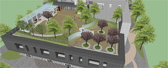 2F露臺3D圖，地坪採用自然陶磚，珍貴婆羅洲鐵木感受臺中地貌微型縮影的公園設(shè)計紋理。