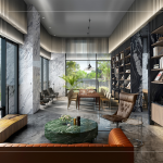 原木溫潤的香氣、溫暖的質地與色調，為空間增添另一份溫度，串聯(lián)生活與自然相遇。(圖為大塊森濤–圖書閱覽室3D圖)