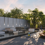 保留5F高的老樟樹、增植樹木，搭配曲線造型的街道家具，清水模牆面與錯落石景，呼應(yīng)著苗栗的山水景觀。(圖為 新業(yè)恆一 水瀑廣場3D示意圖)