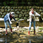 自發(fā)性參與的各部門同仁，踩著雨鞋、戴上手套，抓緊時(shí)間清理溪流垃圾，展現(xiàn)對(duì)環(huán)境保護(hù)的實(shí)踐。