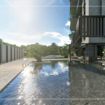 一池清淺水面曲橋，白日映雲(yún)、夜晚映月，循著曲橋向前，猶如走入畫中，一隅硯臺地景，一隅松姿倒影，無處不風(fēng)景。