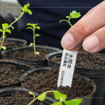 為每一種樹種繫上標籤，清楚標示樹種名稱、分盆日期、種子採集地、生產批號、水分、遮光級數(shù)，方便日後記錄與維護。